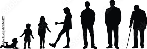 human life cycle silhouette, age stages evolution, baby child teen adult senior, growing up graphic, people development vector illustration