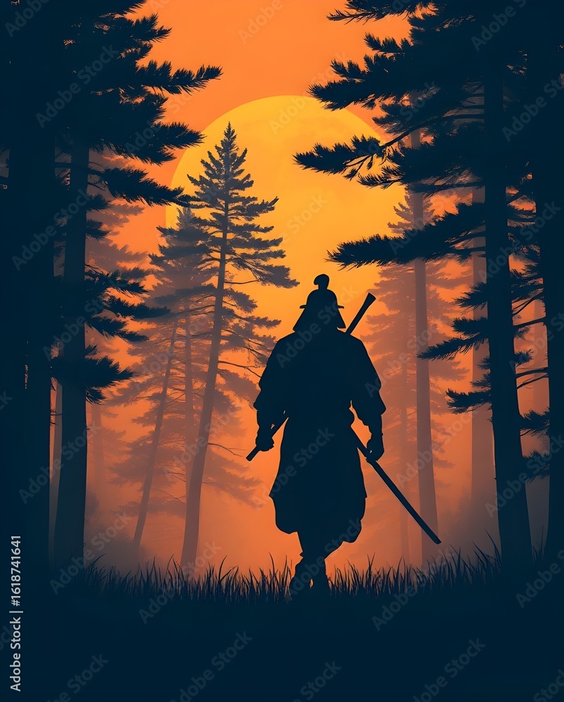 Fototapeta premium A lone samurai walks into a glowing forest during sunset, in silhouette form. Warm tones and vintage screenprint style give it a cinematic, moody atmosphere