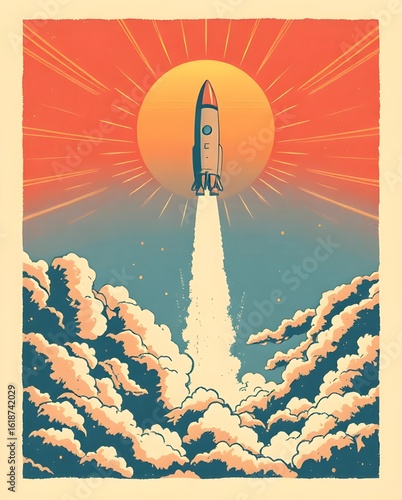A vintage-inspired rocket launch rising through fluffy clouds into a teal sunset sky. Stylized with a retro color scheme and textured print effect 