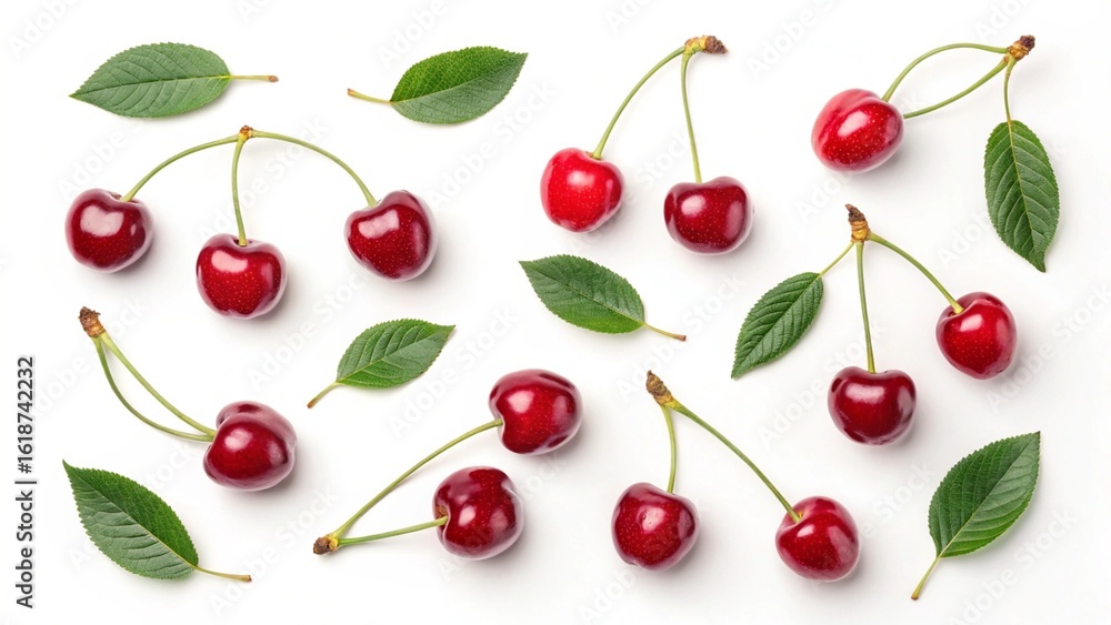 cherries on white background with green leaf cherries on white background with green leaf