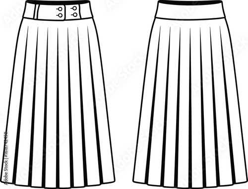 Pleated skirt fashion illustration, waistband comparison, button detail sketch, vertical pleat design, garment concept drawing, stylish clothing style