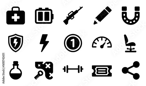 Medical first aid kit rifle pencil horseshoe shield lightning bolt vector