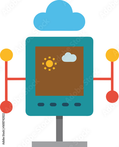 Vector art of digital weather station displaying forecast data with cloud connectivity and sensors