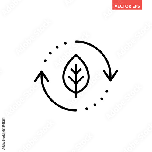 Black single organic recycle line icon. Simple round leaf ecology circle flat design vector pictogram, infographic interface elements for app logo web button ui ux isolated on white background