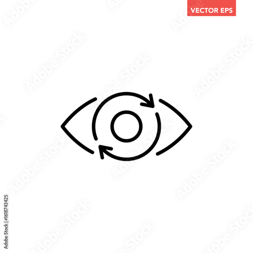 Black single refresh eyes line icon, simple round observation cycle or refreshing view flat design pictogram vector for app ads web button ui interface elements isolated on white background
