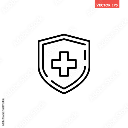 Black single medical shield line icon, simple immune system badge flat design vector pictogram, infographic vector for app logo web website button ui ux interface elements isolated on white background