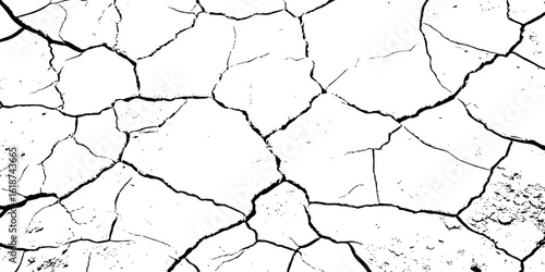 A stark, high-contrast black and white texture of deeply cracked and dry earth, featuring a dense network of thick, irregular black lines forming a grunge pattern against a pure white background.