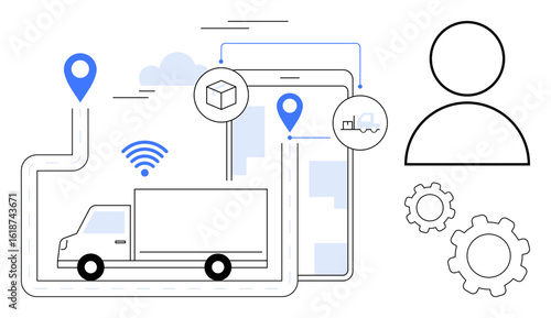 Delivery truck on route with geolocation pins, package icon, gears, user icon, and smartphone connection. Ideal for logistics, supply chain, transportation, technology teamwork innovation simple