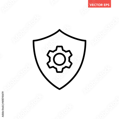 Black single shield with gear line icon, simple gear setting protection flat design illustration infographic pictogram vector, app logo web button ui ux interface elements isolated on white background