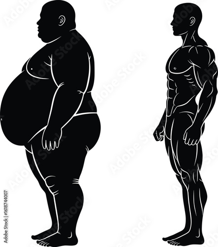 Weight loss journey, fitness transformation, before and after, obesity to muscular body, healthy lifestyle change, workout motivation, personal progress comparison