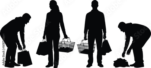 Silhouetted shoppers carrying bags and baskets, selecting goods, ideal for retail trends, consumer habits, shopping behavior, marketplace dynamics, analysis
