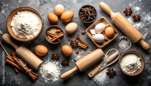 Baking Ingredients Arranged on Dark Stone Surface