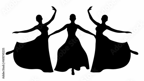 Silhouette illustration of three ballerinas in elegant dresses dancing gracefully with arms extended in unison