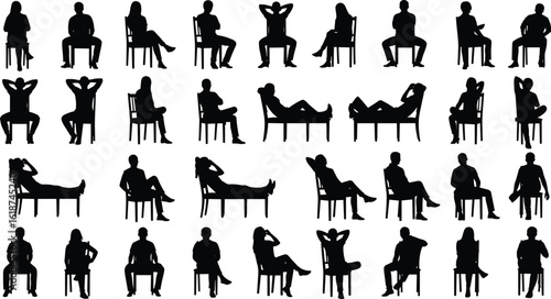 Silhouette collection of diverse human sitting poses, various chair positions, side view posture references, ideal for design and illustration