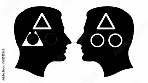 Two facing head silhouettes with geometric shapes inside representing different thought processes and ideas