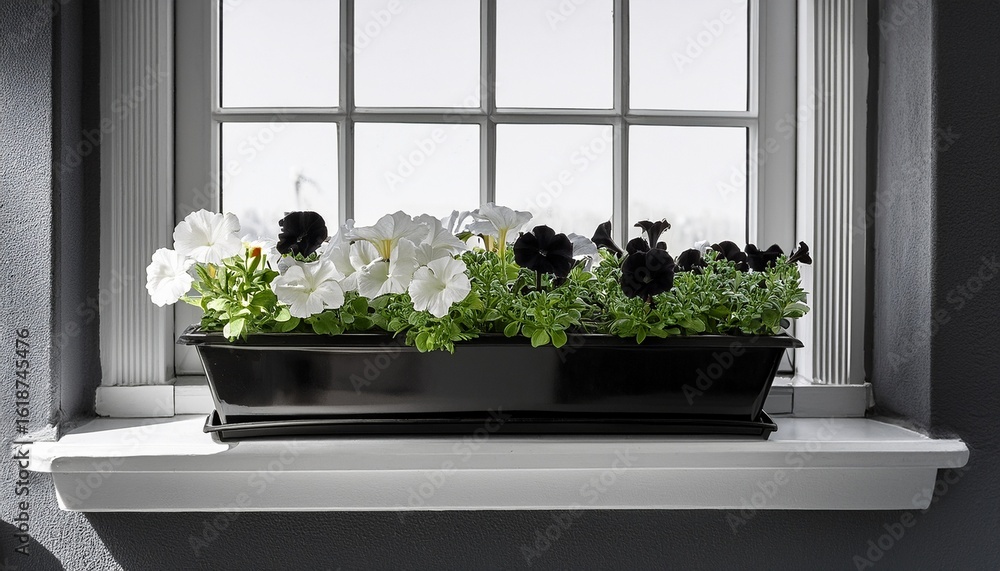 Fototapeta premium window planter with black and white flowers in minimalist style