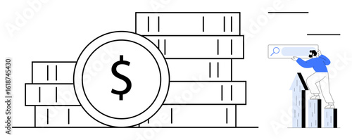 Stacked coins with a dollar icon symbolize wealth, while a man on a bar chart uses a telescope to search. Ideal for finance, investment, growth, economy, analysis, planning, simple flat metaphor