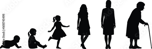 Life stages silhouette illustration, human growth and aging, educational concept, development progression, from infancy to old age, healthcare theme