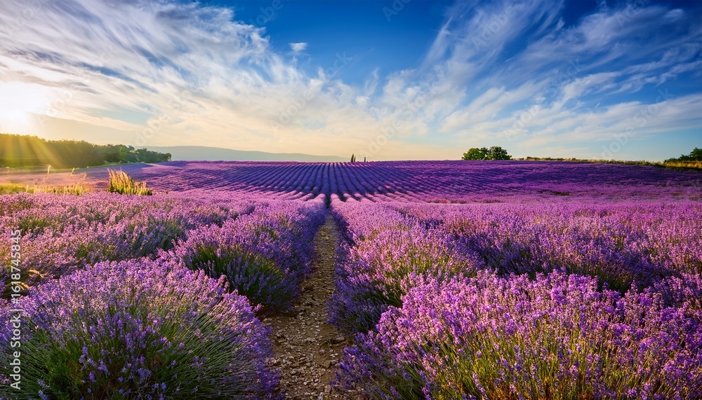 Fototapeta premium soft dreamy lavender fields stretching to the horizon under a vibrant summer sky perfect for calming relaxing and spa related projects a serene and peaceful landscape flowers day