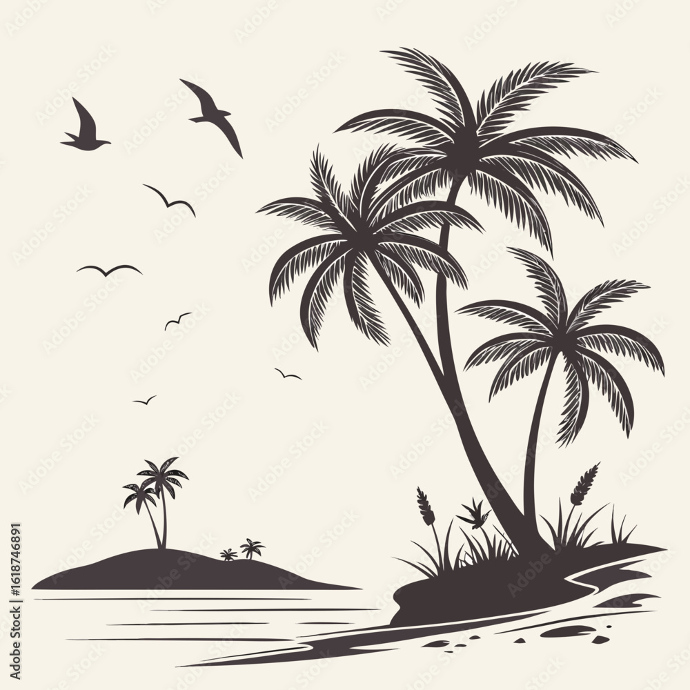 Fototapeta premium Minimalist tropical island with palm trees and birds, silhouette vector