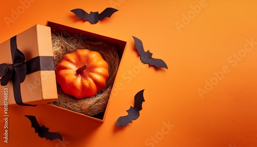 halloween gift box with pumpkin and bat toy on orange background