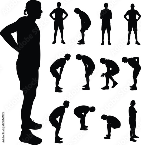 silhouette of tired athlete, exhausted runner pose, sportsman resting vector, standing man silhouette, fatigue posture, gym workout break figure illustration