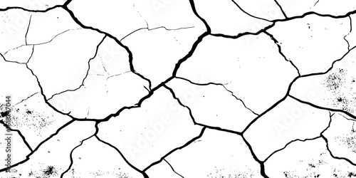 A stark, high-contrast black and white texture of deeply cracked and dry earth, featuring a dense network of thick, irregular black lines forming a grunge pattern against a pure white background.