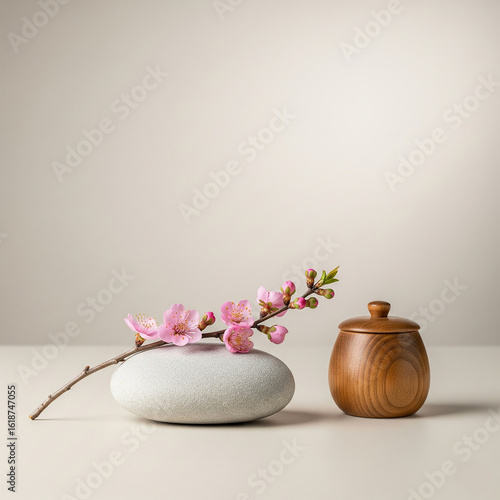 Serene still life with cherry blossoms and wooden jar