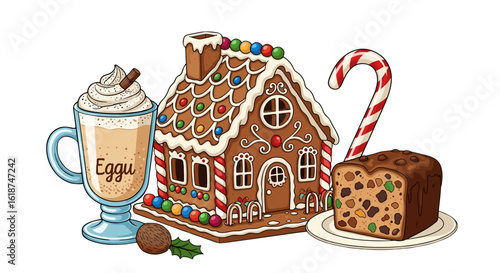 Festive Gingerbread House Eggnog and Fruitcake Christmas Holiday Treats Isolated on Transparent Background