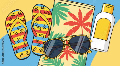 Colorful Beach Vacation Essentials Including Flip Flops Sunglasses Sunscreen and Towel Set on Sandy Background