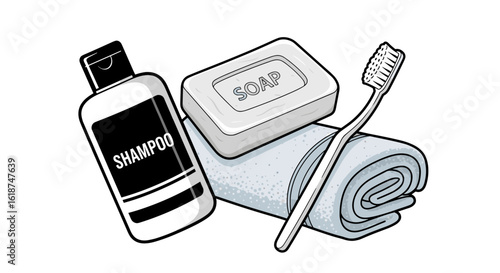 Travel Size Toiletries Set Including Shampoo Soap and Toothbrush for Hygiene and Cleanliness isolated on transparent background