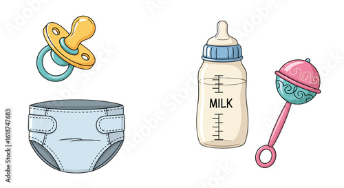 Collection of Baby Care Items Including Pacifier Diaper Milk Bottle and Rattle isolated on transparent background