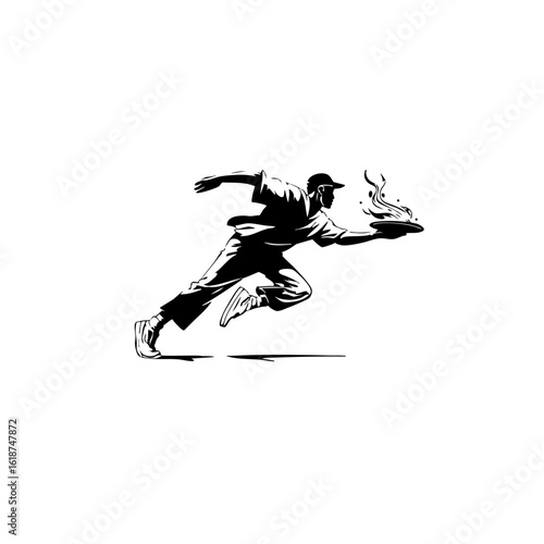 Dynamic Silhouette Logo – Man Throwing Frisbee with Hot Food – Clean Vector Icon