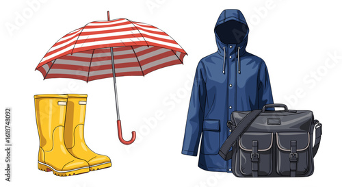 Essential Rainy Day Outing Gear Yellow Boots Umbrella and Blue Raincoat for Wet Weather Protection