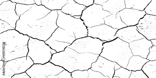 A high-contrast, black and white texture overlay of extensively cracked and distressed dry ground, featuring jagged, organic fissures and subtle granular details against a stark white background.