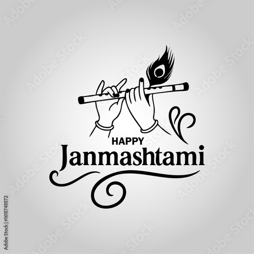Minimalist Janmashtami Design with Krishna Flute, Hand Symbol, and Peacock Feather
