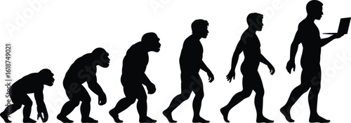 evolution silhouette, human evolution stages, monkey to man, evolution of humans, caveman to modern man, laptop user silhouette, technology progress, walking poses