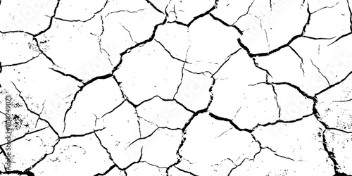 A high-contrast, black and white texture overlay of extensively cracked and distressed dry ground, featuring jagged, organic fissures and subtle granular details against a stark white background.