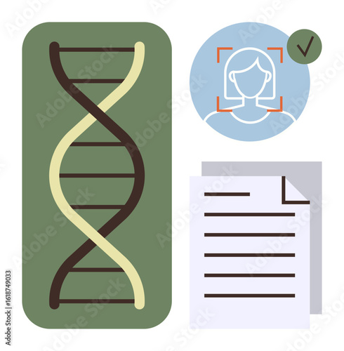 DNA strand, facial recognition with checkmark, document stack symbolize identity, biometrics, research. Ideal for technology, data security, healthcare, forensics identification innovation simple