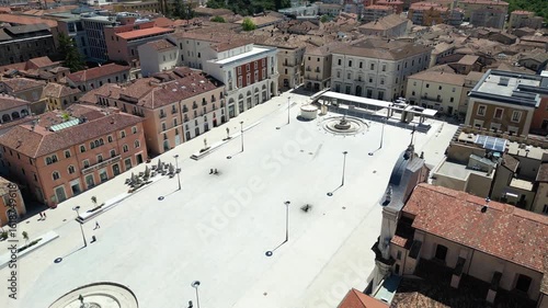 Italy, July 10, 2025: Aerial view of Piazza del Duomo in L'Aquila, Abruzzo region. Also known as the market square, it is the largest in the city.