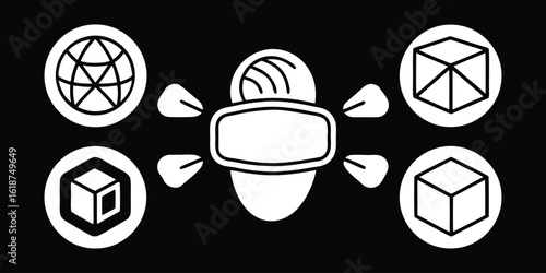 Vector art of a central vr headset icon is surrounded by geometric shapes and a globe, symbolizing immersive digital experiences.
