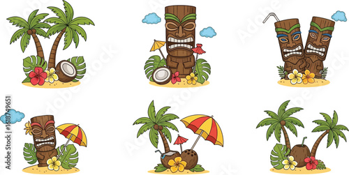 Set of tropical illustrations with tiki statues, palm trees, coconuts, flowers, and beach umbrellas.