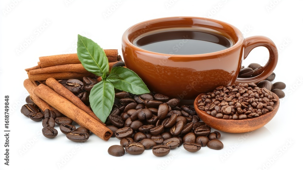 Fototapeta premium Freshly Brewed Coffee with Cinnamon Sticks and Coffee Beans Display