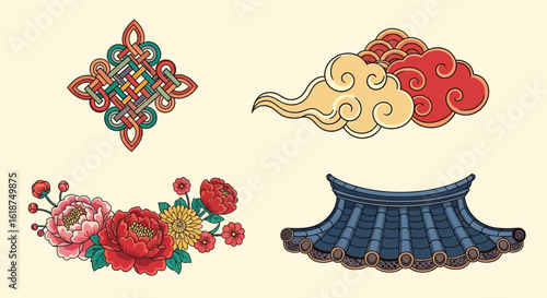 Asian-inspired decorative elements, including a knot, clouds, flowers, and a roof.
