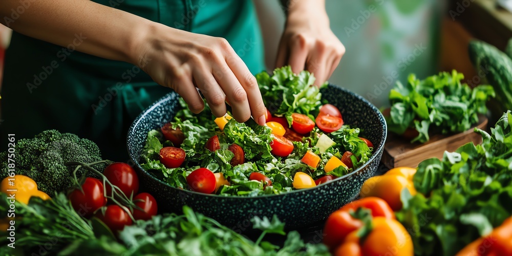 Fototapeta premium Fresh salad preparation with vibrant vegetables and greens at a kitchen counter for a healthy meal.