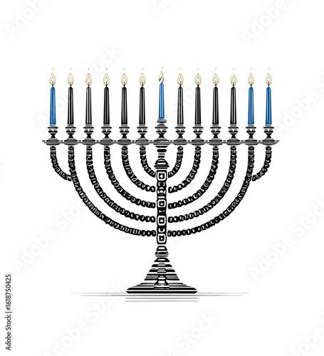 Black and white menorah with blue candles and lit flames hanukkah jewish