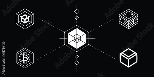 Vector art of a central blockchain structure connects to various geometric blocks, symbolizing a distributed digital network.
