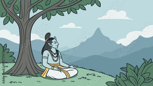 Illustration of a man meditating under a tree in a peaceful landscape, depicting a scene of yoga, relaxation, and spiritual practice with hills, mountains, and clouds in the background