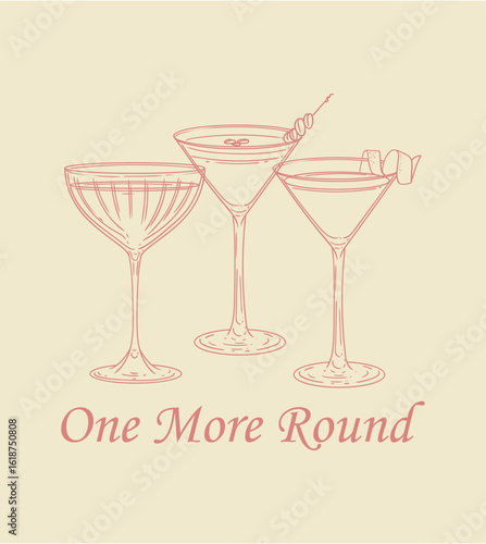 Set of original cocktail drinks illustrations. Minimalist drawing of glasses. Ideal for celebrations, bars, posters, menus, or graphic design.
