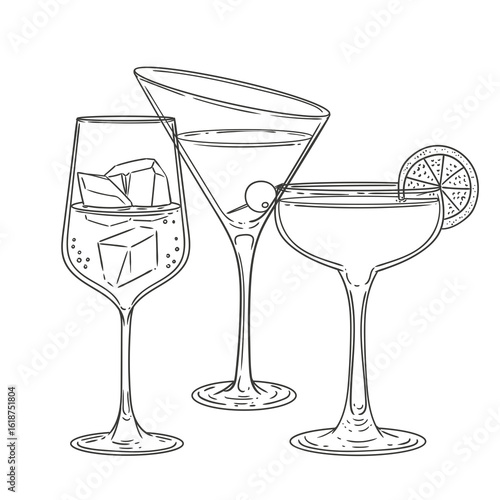 Original cocktail drinks illustration. Minimalist drawing of glasses. Ideal for celebrations, bars, posters, menus, or graphic design.